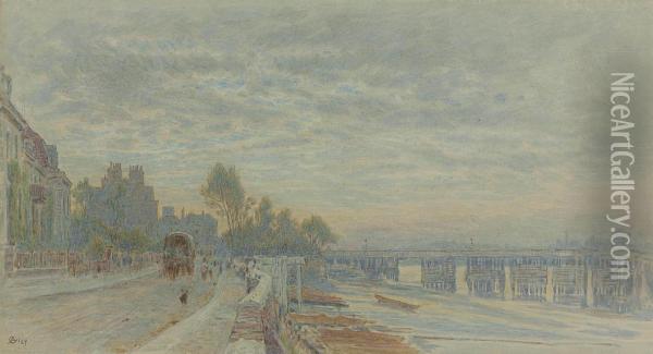 A Carriage On Lindsay Row Beside The River Thames, Battersea Bridge Beyond Oil Painting - Albert Goodwin