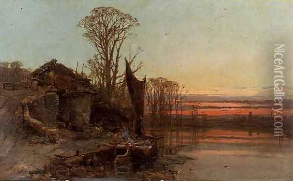 Landscape with a Ruined Cottage at Sunset, 1898 Oil Painting - Charles Branwhite