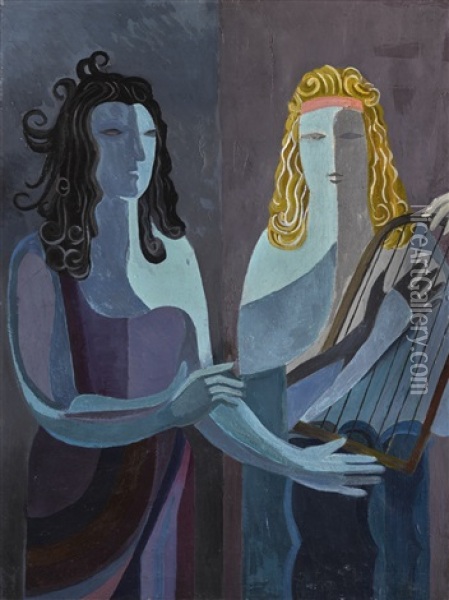 Two Women With A Lyre Oil Painting - Alexandra Exter