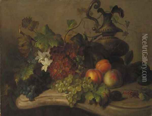 Still life with fruit and flowers on a marble ledge Oil Painting - Virginie de Sartorius