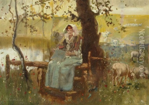 Reading Under A Tree In The Pasture Oil Painting - John Lochhead