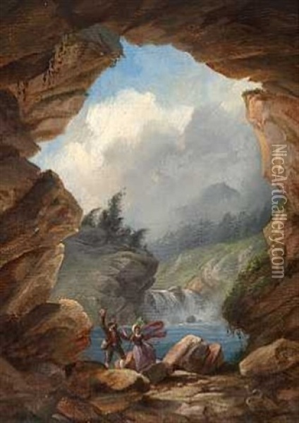 Scene Fra En Tyrolsk Bjerggrotte. Et Ungt Par Forskraekkes Af Et Krybdyr Oil Painting - Friedrich Ernst Wolperding