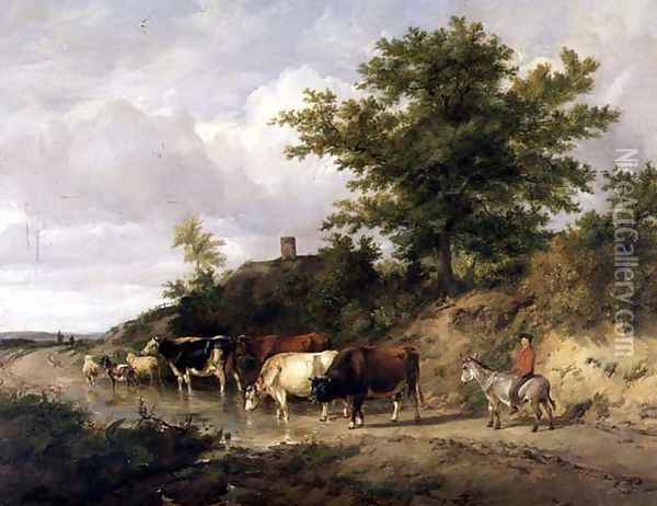 Wooded landscape with a boy on a donkey and cattle at a ford Oil Painting - Thomas Sidney Cooper