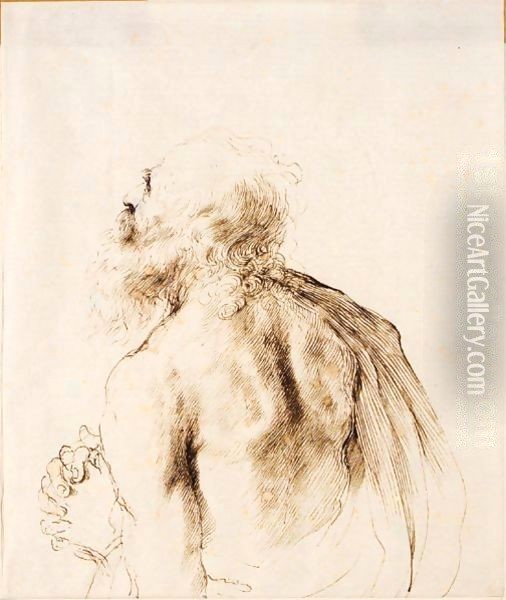 Half-Length Figure Of St. Jerome In Prayer, Seen From Behind, Looking Up Oil Painting - Giovanni Francesco Barbieri
