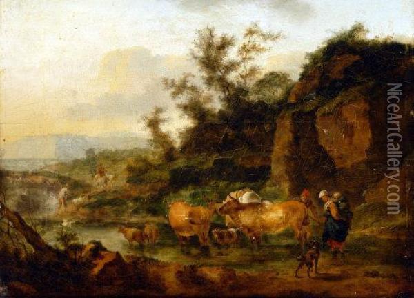 Horned Cattle And Figures, Watering By A Stream Oil Painting - Nicolaes Berchem