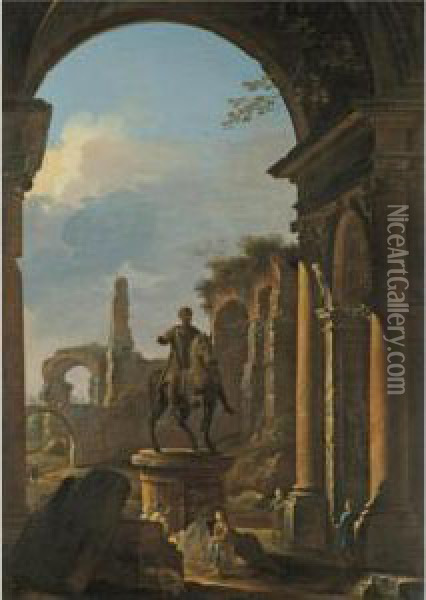 A Capriccio Of Roman Ruins With 
Figures By An Equestrian Statue Of Emperor Marcus Aurelius Oil Painting - Domenico Roberti