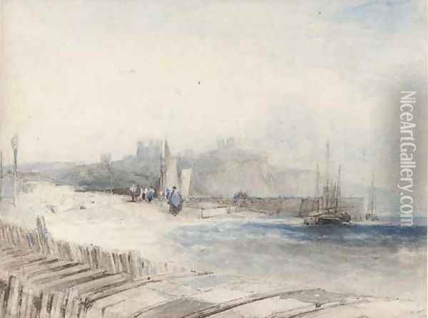 Fisherfolk on the shore below Dover Castle Oil Painting - Alfred Gomersal Vickers