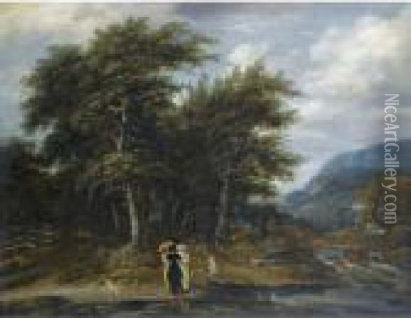 A Wooded Landscape With An Elegant Family And Their Hounds Beside A River Oil Painting - Jacob Salomonsz. Ruysdael