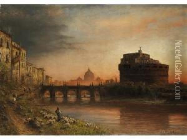 Engelsbrucke In Rom Mit Engelsburg Und Petersdom Oil Painting - Albert Arnz