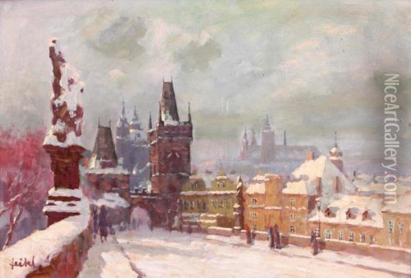 Charles Bridge In Winter Oil Painting - Stanislav Feikl