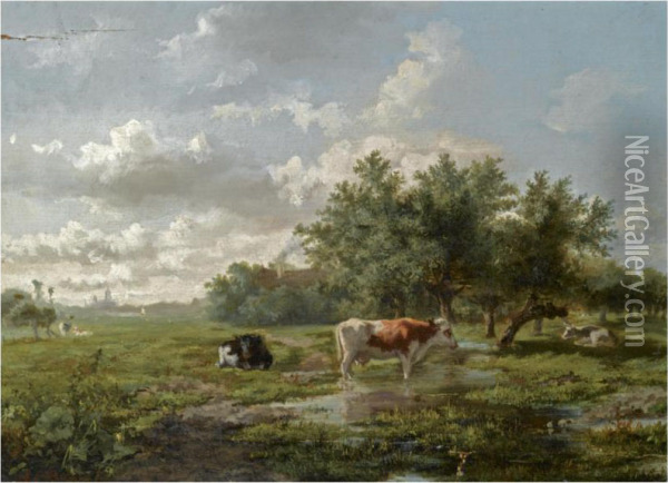 Cows In A Summer Landscape Oil Painting - Albertus Gerardus Bilders
