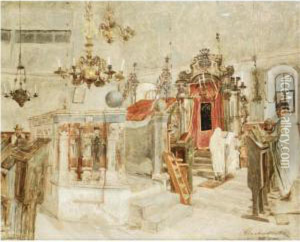 Synagogue Interior Oil Painting - Alexander Sochaczewski
