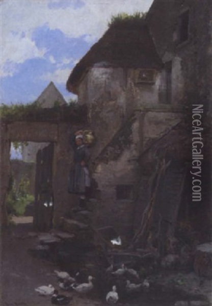 Jungbauerin Mit Enten Im Hof Oil Painting - Gustave Henry Mosler