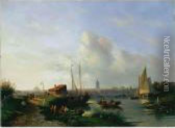 A River Landscape With Figures In Rowing Boats, A Town Beyond Oil Painting - Charles Henri Leickert