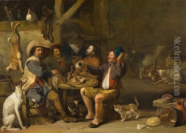 Interieur Mit Vier Mannern Um Einen Tisch Sitzend Oil Painting - Cornelis Saftleven