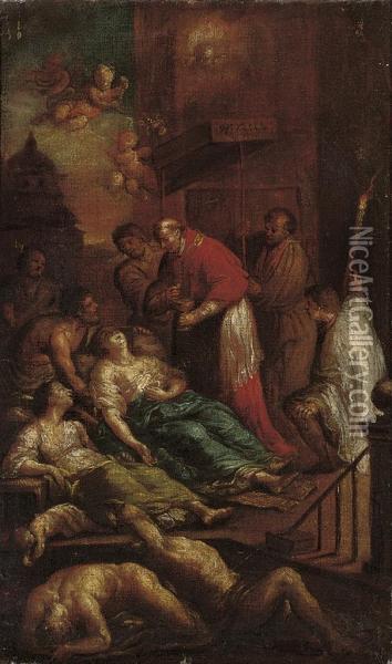 Saint Carlo Borromeo Administering Extreme Unction To Victims Of The Plague Oil Painting - Andrea Michieli Vicentino