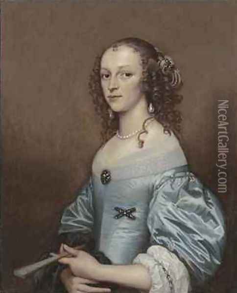 Portrait of a lady in a blue dress holding a fan Oil Painting - Adriaen Hanneman