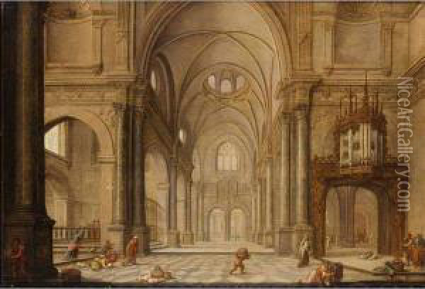 A Church Interior With Christ Driving The Moneychangers From The Temple Oil Painting - Hans Juriaensz. Van Baden
