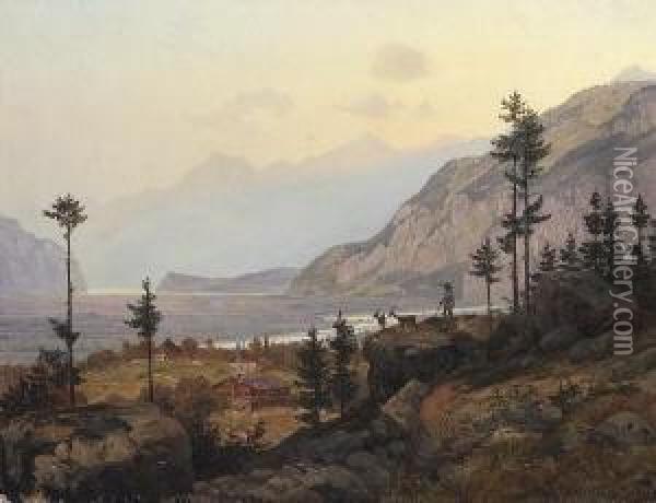 Blick In Ein Weites Flusstal Im
 Gebirge Oil Painting - Johann Wilhelm Schirmer