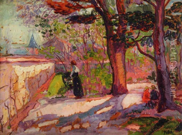 Femme Et Ses Enfants Dans Le Parc D'une Propriete Oil Painting - Jean Peske