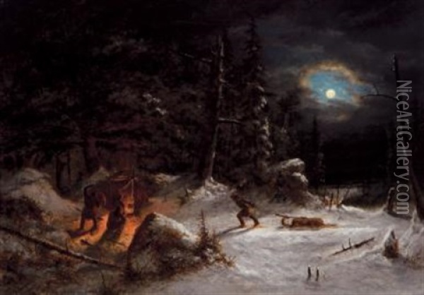 Indian Hunters Camp: Moonlight Oil Painting - Cornelius David Krieghoff