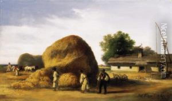 Gathering Hay Oil Painting - Pal Bohm