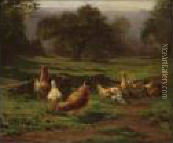 Chickens In A Landscape Oil Painting - Juliette Peyrol Bonheur