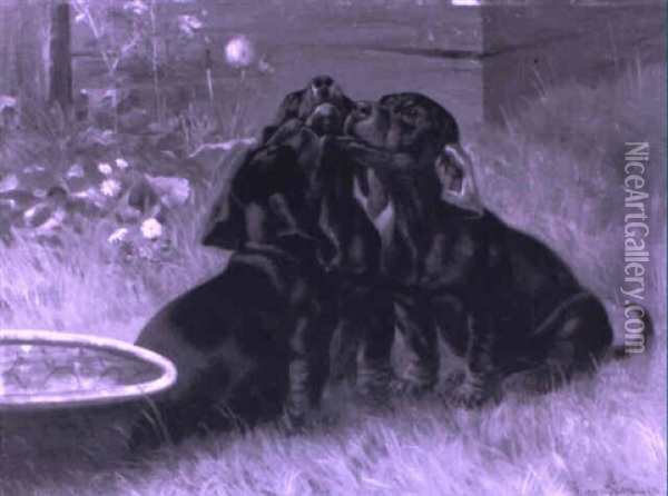 Tre Gravhundehvalpe Oil Painting - Simon Simonsen