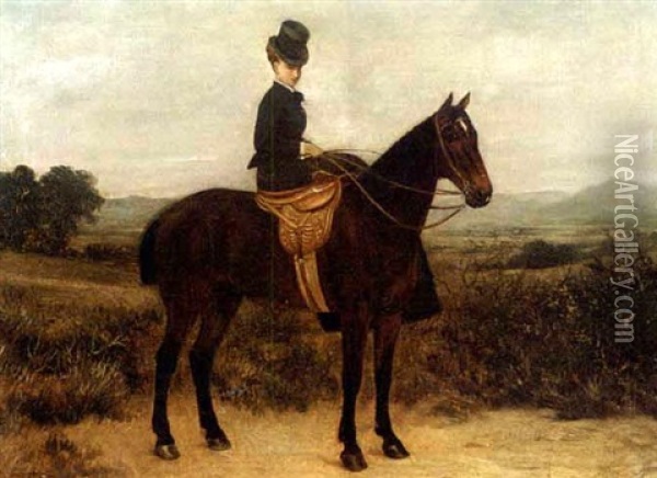 A Lady On A Dark Brown Horse In A Landscape Oil Painting - Sylvester Martin