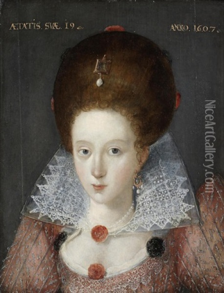 Portrait Of A Lady, Bust-length, In A Red Embroidered Dress And Lace Collar Oil Painting - Robert Peake the Elder