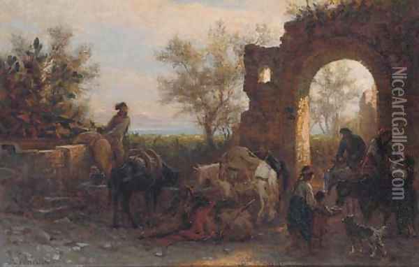 Travellers watering horses at a ruin Oil Painting - Alois Schonn