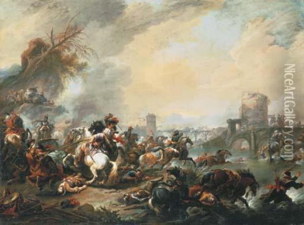 A Calvary Skirmish By A River, A Fortress Beyond Oil Painting - Jan Wyck