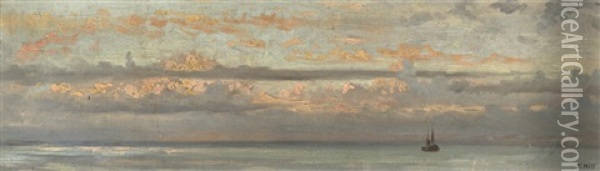 Boat On Calm Seas At Dusk Oil Painting - Thomas Hill