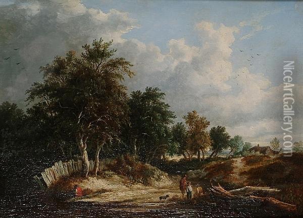 Extensive Landscape With Figures In A Clearing In The Foreground, Woodland Beyond Oil Painting - Edward Charles Williams