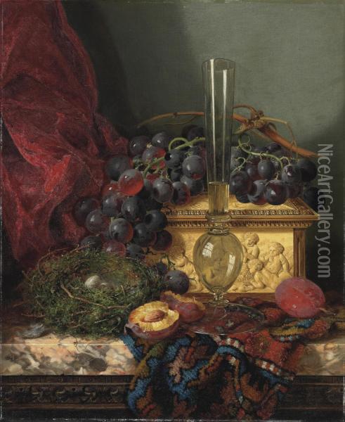 Still Life With Grapes, Plums, A Bird's Nest, An Ivory Casket And A Glass Oil Painting - Edward Ladell