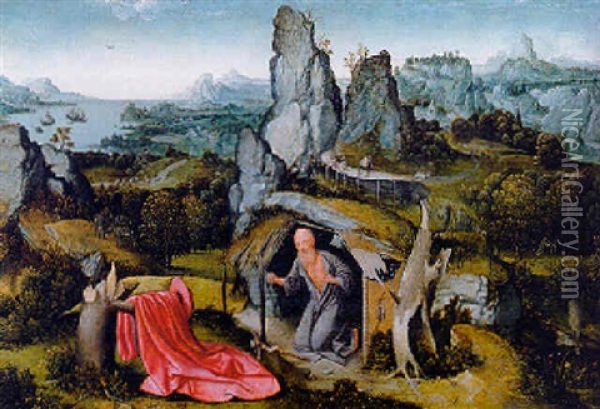 A Panoramic Landscape With Saint Jerome Oil Painting - Joachim Patinir