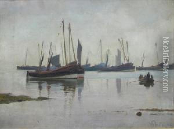 Fishing Boats On A Still Sea Oil Painting - William Pratt