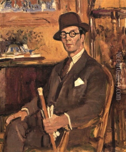 The Malacca Cane, A Portrait Of Duncan Macdonald, Esq., Seated Oil Painting - George Leslie Hunter