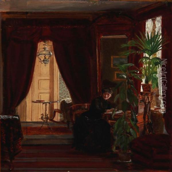 Interior With A Woman Writing Letters Oil Painting - Christian Thorrestrup