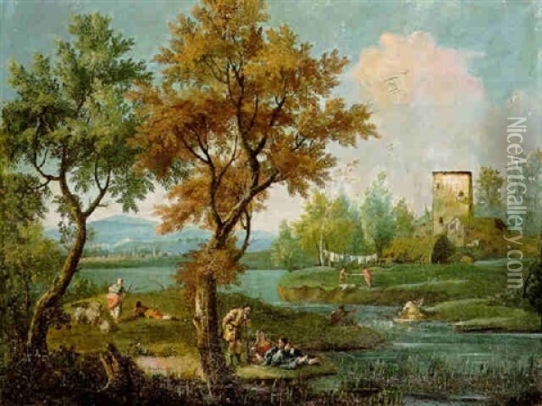 Italianate River Landscape With Peasants Oil Painting - Francesco Salvator Fontebasso