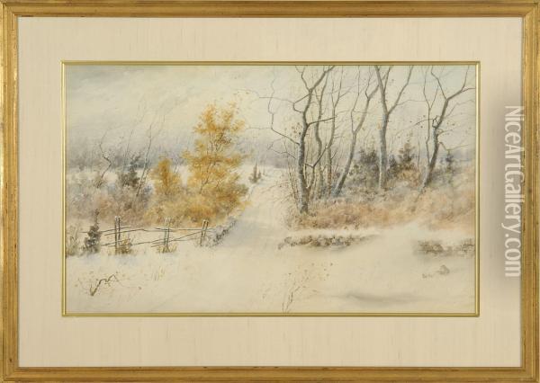 Snowy Landscape With Road, Stone Wall, And Trees Oil Painting - Samuel R. Chaffee