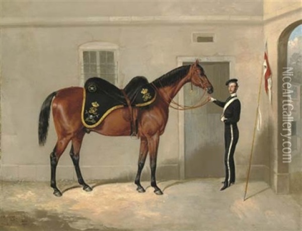 The Charger Of Henry Cavendish Taylor, 17th Lancers, Held By A Trooper Outside The Officers' Stables At Nottingham Oil Painting - Thomas Walker Bretland