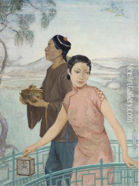 Portrait Of Two Oriental Figures, Three-quarter-length, In A Capriccio Landscape Oil Painting - Ernest Borough Johnson