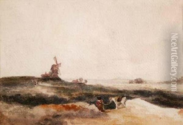 Moorland Scenewith Windmill Oil Painting - Peter de Wint