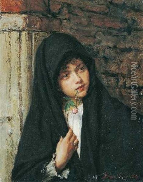 Junge Frau Mit Schwarzem Umhang Und Rose Oil Painting - Alessandro Zezzos