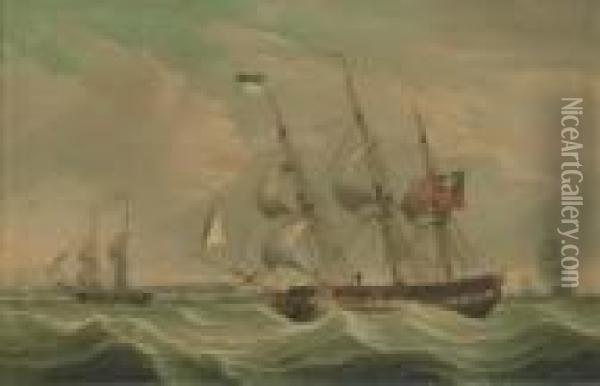 A British Armed Sloop In Three Positions Off A Coast Homeward Bound Oil Painting - Robert Salmon