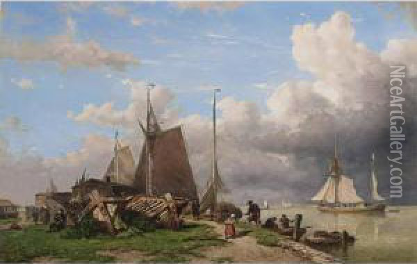 A Busy Ship-yard Along A River Oil Painting - W.A. van Deventer
