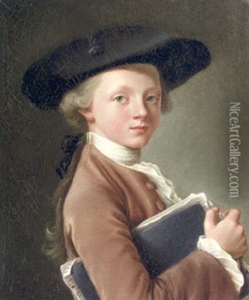 A Boy Holding A Portfolio Oil Painting - Francois Hubert Drouais