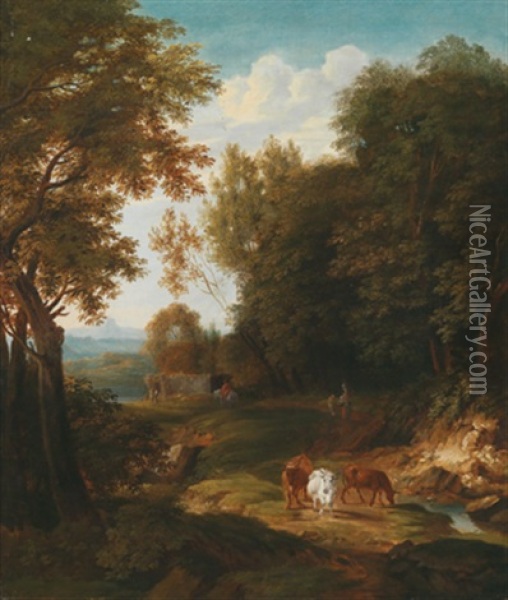 Bewaldete Landschaft Mit Kuhen, Reisenden Und Hirten Auf Einem Pfad Oil Painting - Pietersz (Pieter) Barbiers