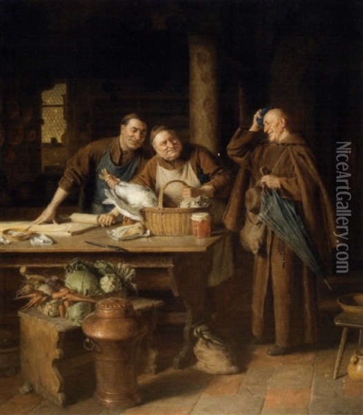 Les Moines Preparant Le Repas Oil Painting - Eduard von Gruetzner